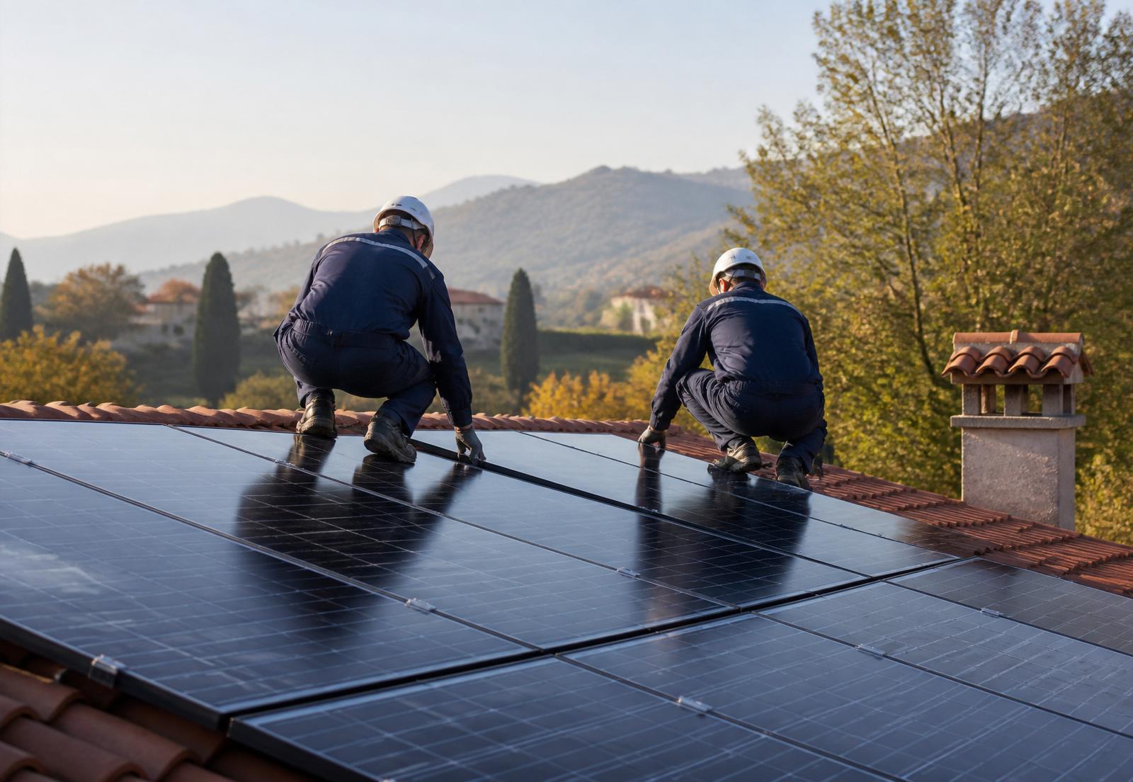 Tecnici Veneto Sistemi al lavoro su un impianto fotovoltaico